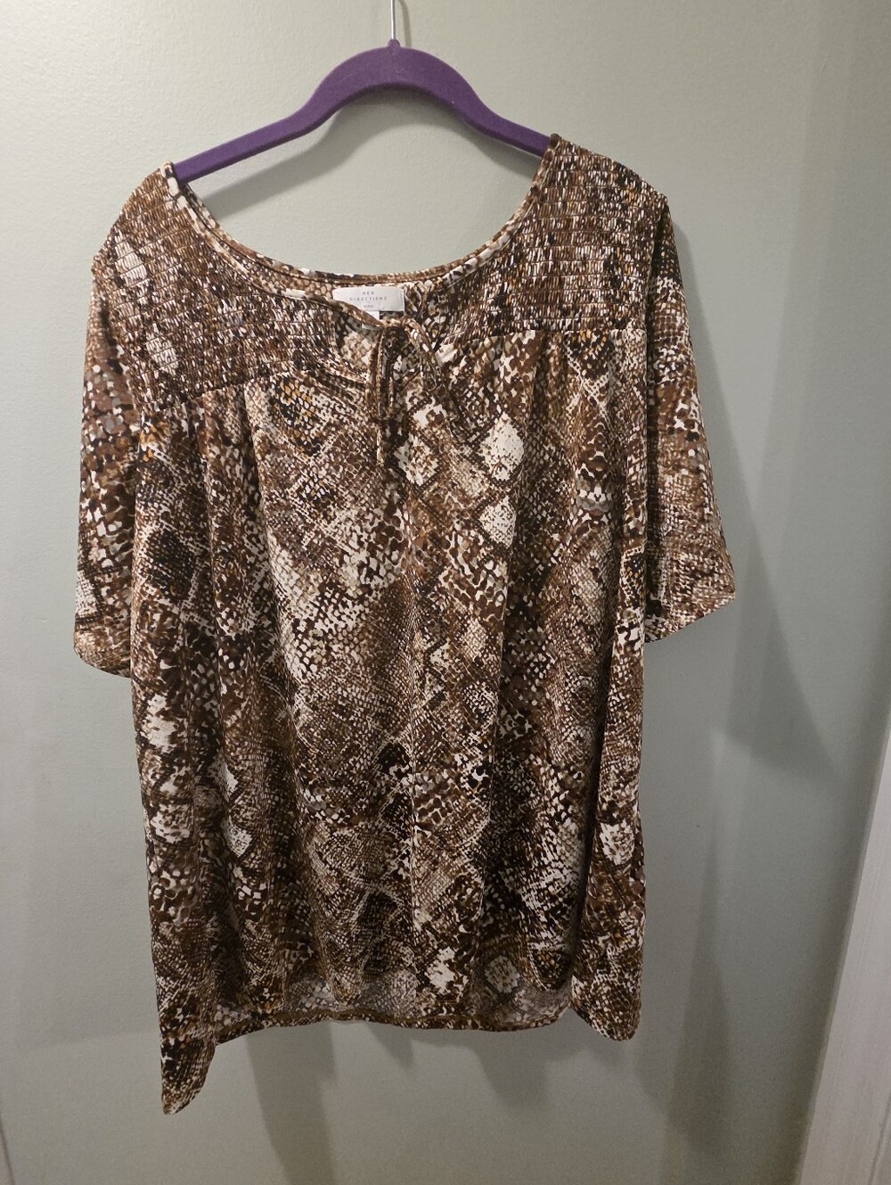 New Directions Brown/Coffee Smocked Snake-Print Short Sleeve Blouse Size 1X